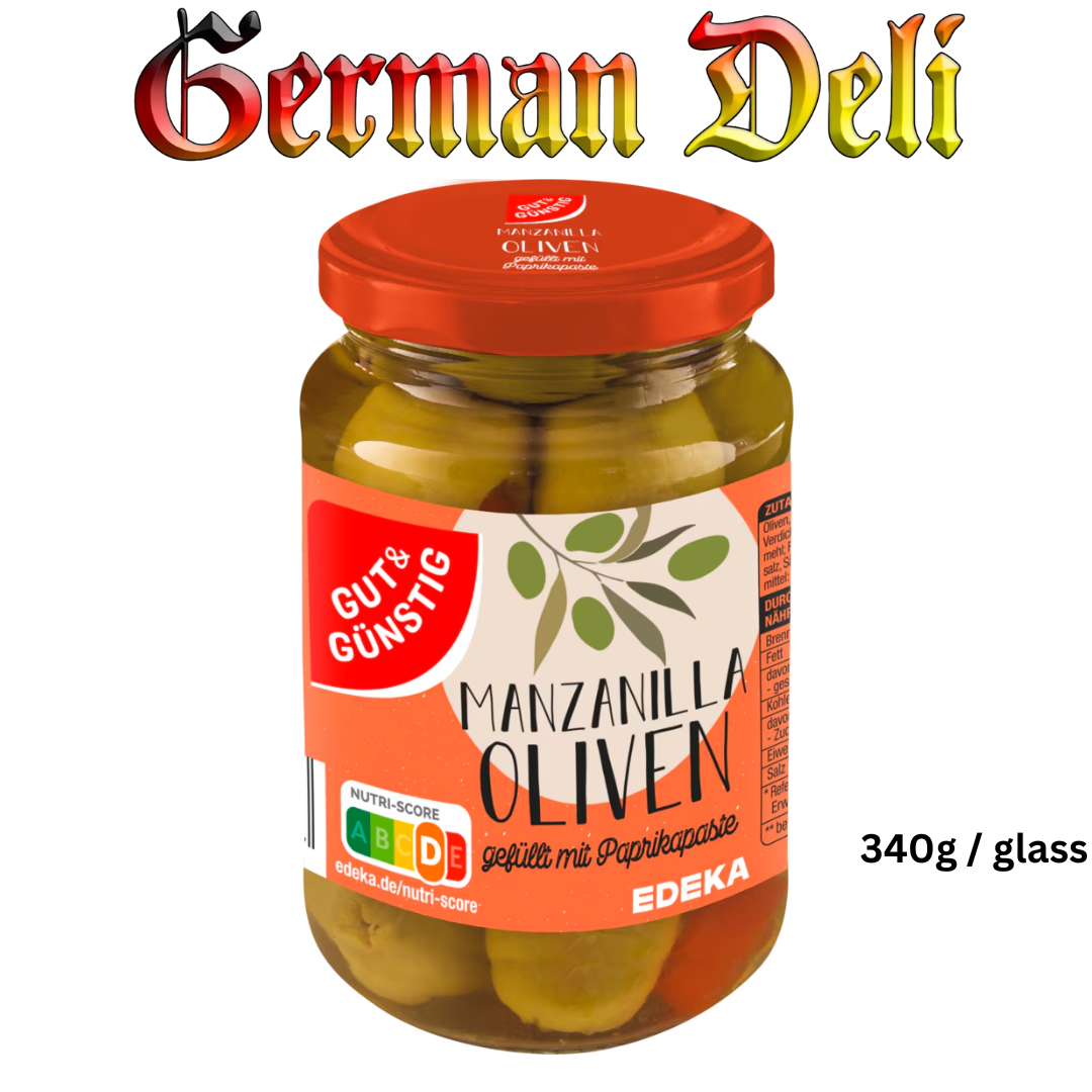 G+G - Olives green with Paprika Paste - 340 g glass / Gruene Oliven mit Paprikafüllung
