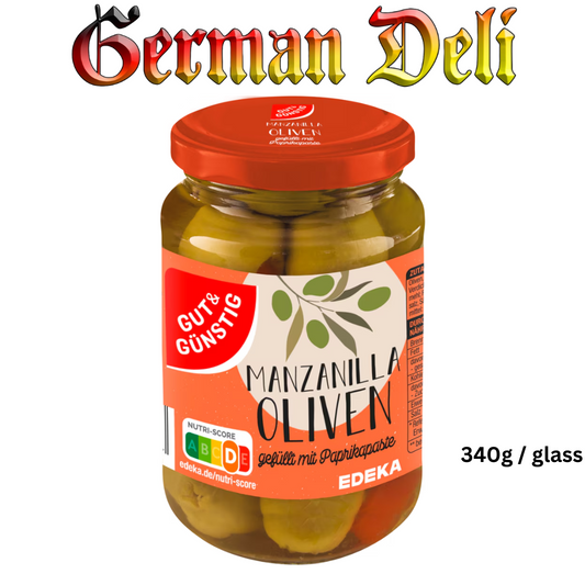 G+G - Olives green with Paprika Paste - 340 g glass / Gruene Oliven mit Paprikafüllung