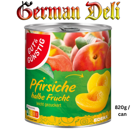 G+G - Peaches Half Fruit - 820 g can / Halbe Pfirsiche