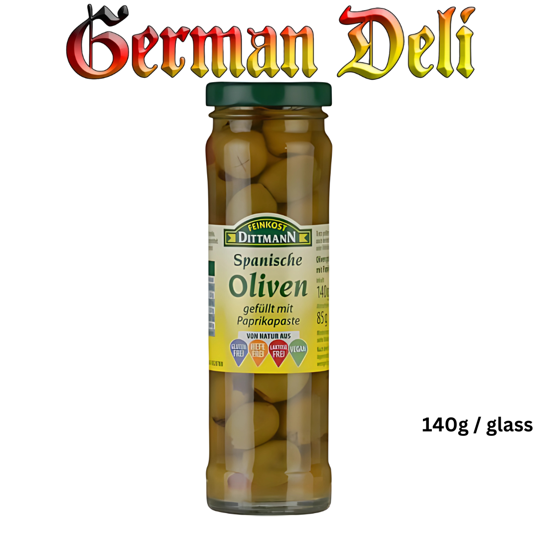 Dittmann - Olives with Bell Pepper Paste - 140g glass / Oliven mit Paprikapaste