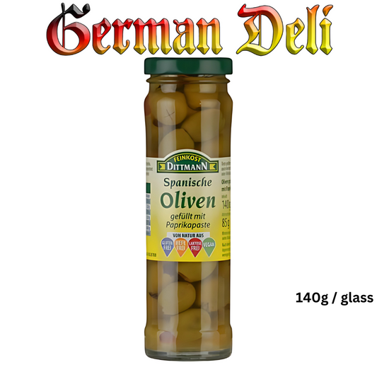 Dittmann - Olives with Bell Pepper Paste - 140g glass / Oliven mit Paprikapaste