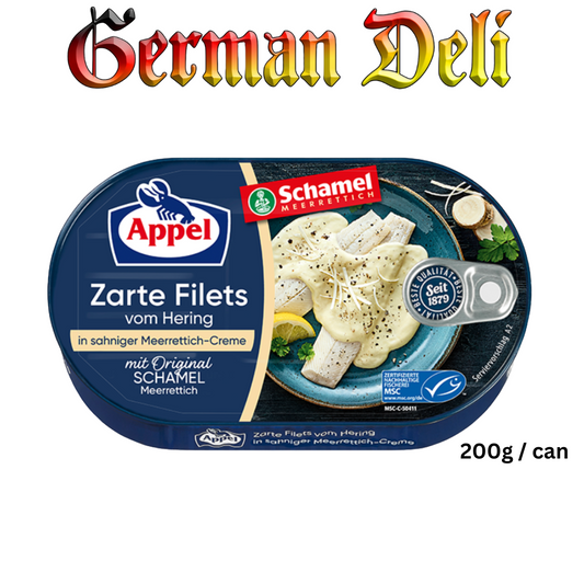Appel - Herrings Fillet in Horseraddish Cream - 200 g can / Heringsfilet in Meerrettichcreme