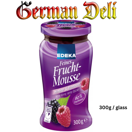 Edeka Feines frucht Mousse Himbeer & Brombeer / Fine Fruit Mousse Raspberry & Blackberry 300g