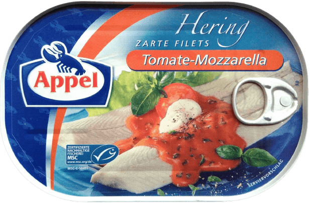 Appel - Herrings Fillet in Tomato-Mozarella - 200 g can / Heringsfilet in Tomate-Mozzarrella