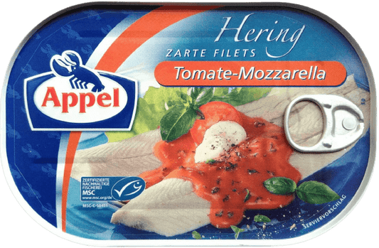 Appel - Herrings Fillet in Tomato-Mozarella - 200 g can / Heringsfilet in Tomate-Mozzarrella