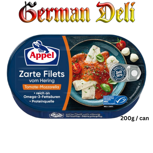Appel - Herrings Fillet in Tomato-Mozarella - 200 g can / Heringsfilet in Tomate-Mozzarrella