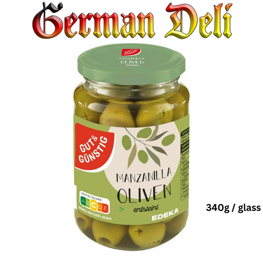 Gut & Günstig Oliven Gruen Entsteint / Pitted Green Olives 340g