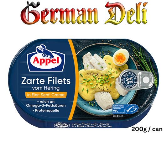 Appel - Herrings Fillet in Egg-Mustard Cream - 200 g can / Heringsfilet in Eier-Senfcreme