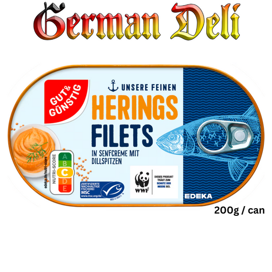 G+G - Herrings Fillet in Mustard Cream - 200 g can / Heringsfilet in Senfcreme