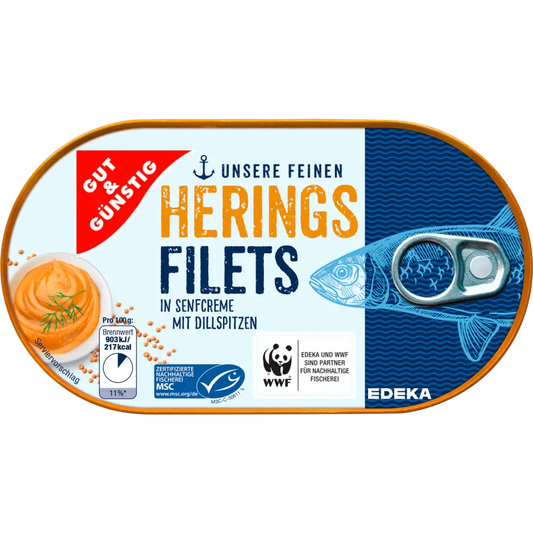 G+G - Herrings Fillet in Mustard Cream - 200 g can / Heringsfilet in Senfcreme