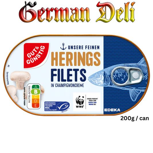 G+G - Herrings Fillet in Champignon Creme - 200 g can / Heringsfilet in Champignoncreme