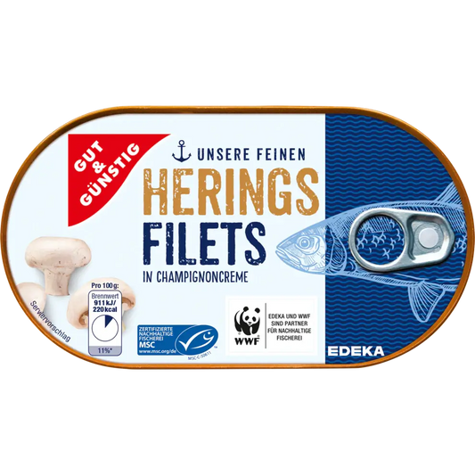 G+G - Herrings Fillet in Champignon Creme - 200 g can / Heringsfilet in Champignoncreme