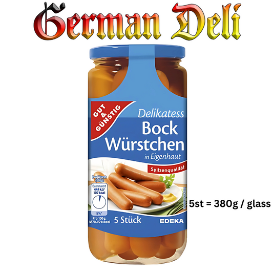 G+G - Delikatess Bock Würstchen 5 pcs - 380g glass / Sausage for Boiling