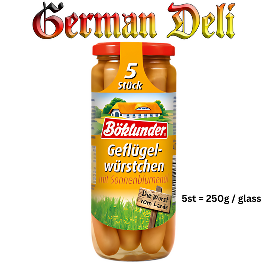 Boeklunder - Gefluegel Bockwurst Extra Zart / Poultry Sausages 5 stuck = 250g