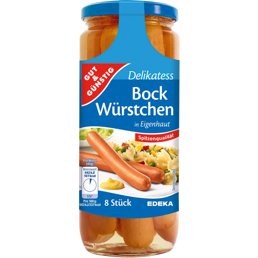 G+G - Delikatess Bock Sausage 8 pcs - 530 g glass / Delikatess Bockwürstchen