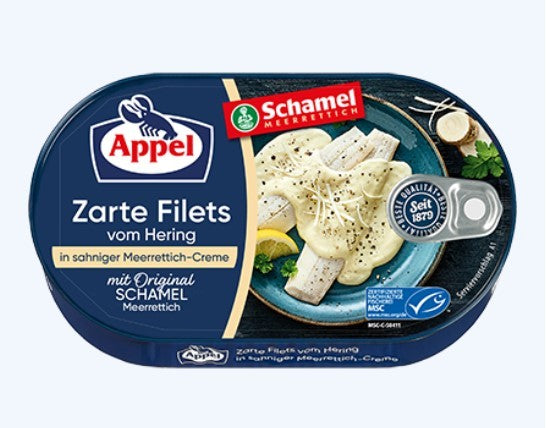 Appel - Herrings Fillet in Horseraddish Cream - 200 g can / Heringsfilet in Meerrettichcreme